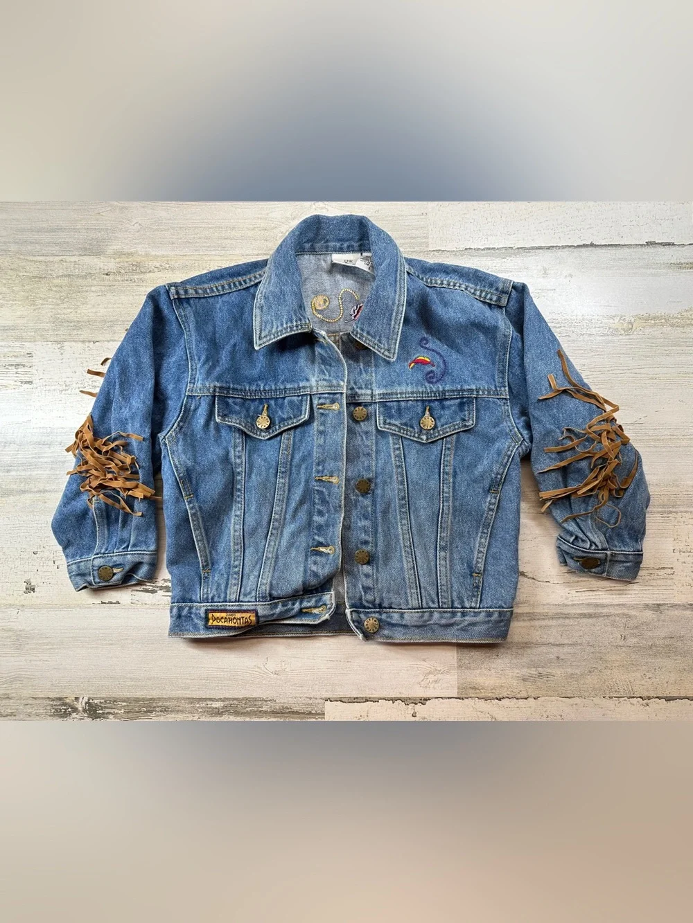 Vintage 90s Disney Store POCAHONTAS Denim Jacket Girls Small Fringe